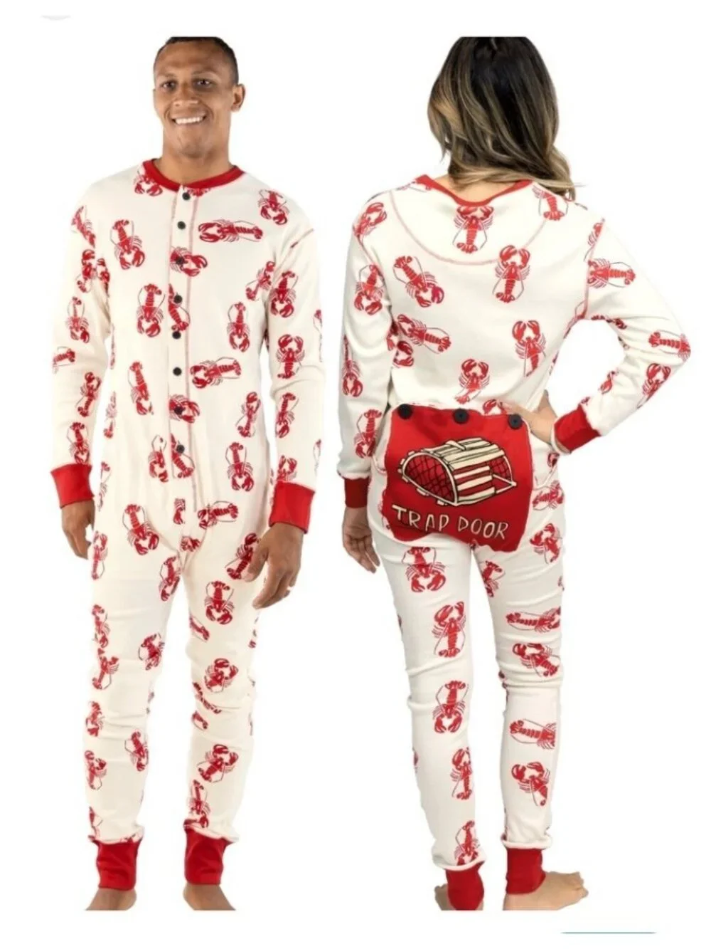 Lazy One Unisex Red White Trap Door Lobster Maine One Piece Pajamas Size Large - Picture 1 of 16